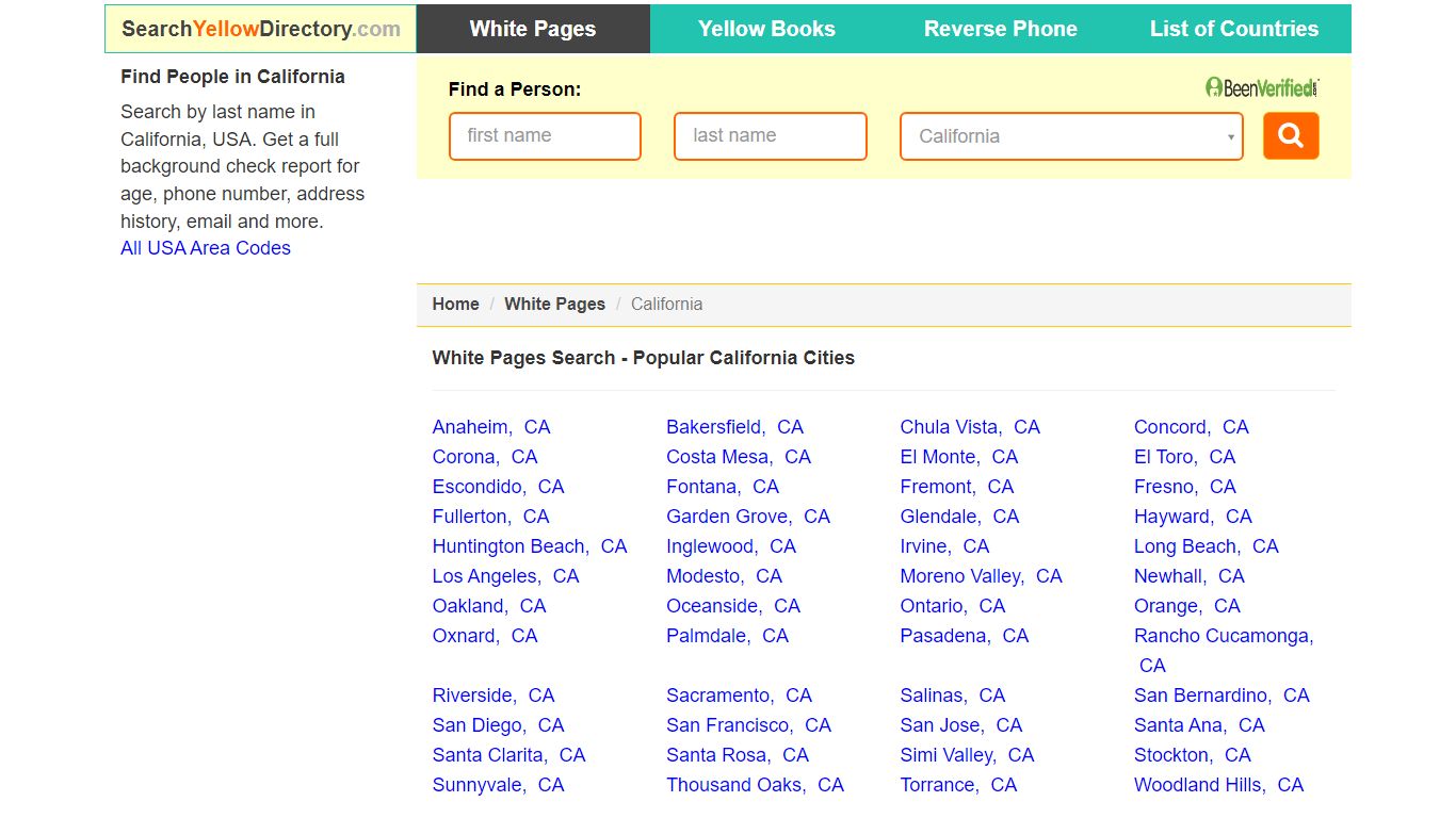 California White Pages Directory, Popular Cities